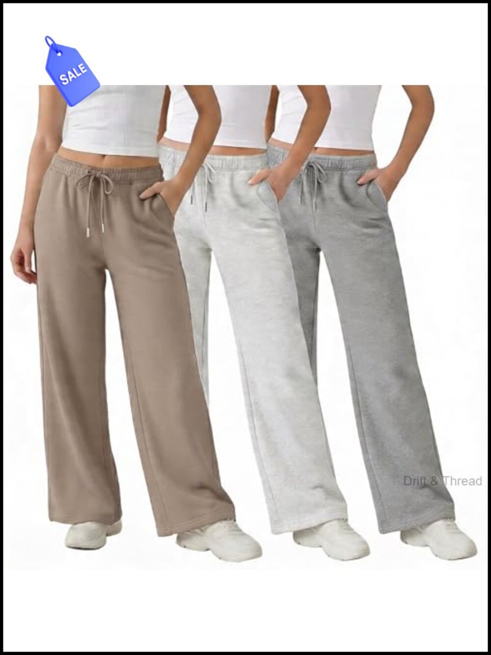 3 Pack Women's Wide Leg Fleece Sweatpants, Deep Pockets, Adjustable Waist